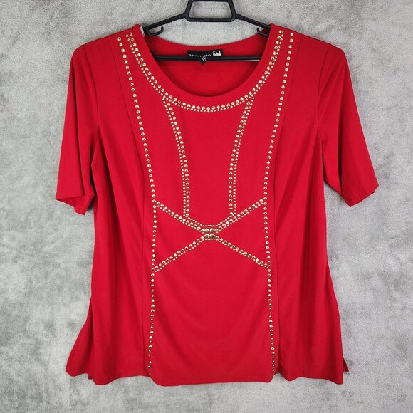 Women's Red Antthony Blouse Top Shirt Studded Short Sleeve Rround Neck Size XL - Picture 2 of 12